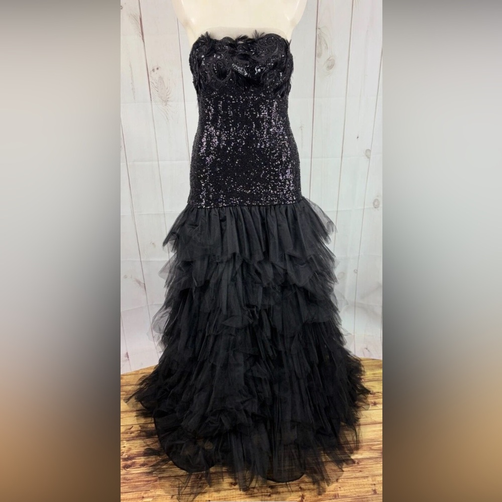 Liancarlo Couture Black Sequin Feather Drop Waist Tiered Tulle Formal Gown Dress